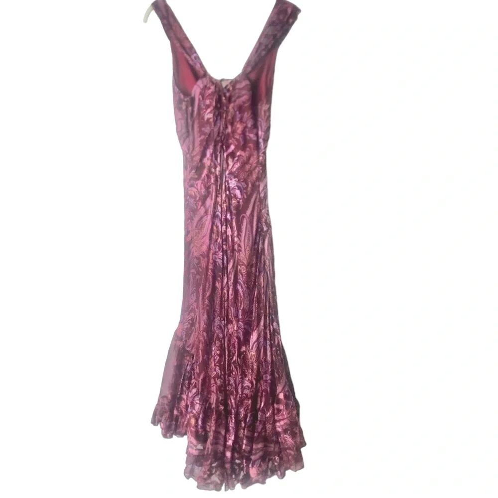 Rare Bellablu Silk Layered Ruffle Paisley Sleeveless Shimmery Maxi Dress